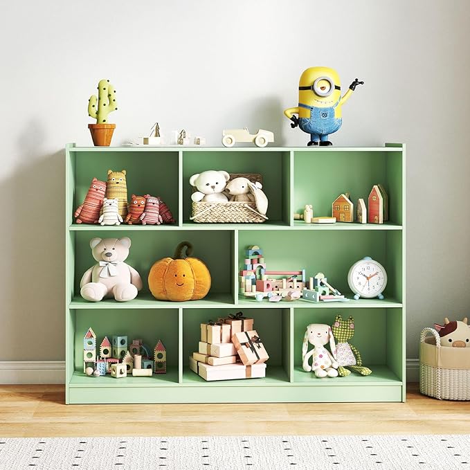 HONEY JOY Kids Toy Storage Organizer, 8-Section Storage Daycare Shelf for Preschool, Children 3-Tier Open Wooden Display Book Shelf Organizer for Classroom, Playroom & Nursery, Kindergarten (Green)
