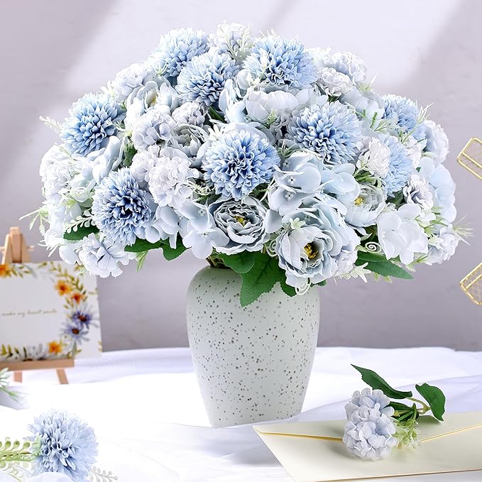 Olgaa 12 Bundles Peonies Artificial Flowers Silk Flowers Fake Peony Bouquet Faux Peonies Flowers Bulk for Wedding Decor Centerpiece Table Decorations (Light Blue)