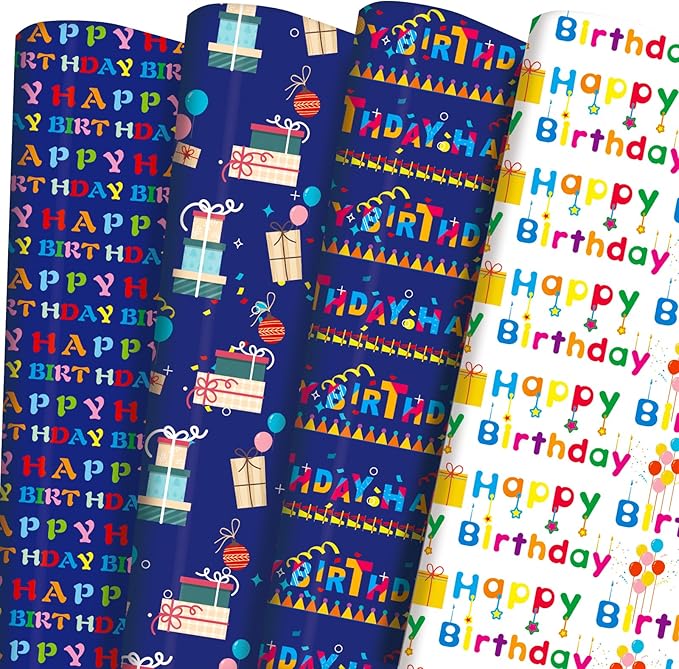 PlandRichW Birthday Wrapping Paper 12 sheets Folded Happy Birthday Gift Wrapping Paper for Kids Boys Girls Men Women Baby 4 Style Colorful Birthday Greeting Gift Wrap Paper 20 X 29 Inches