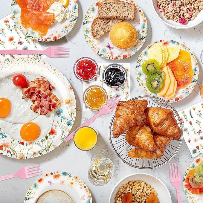 96 PCS Spring Wildflower Party Tableware Supplies, Disposable Floral Paper Plates Napkins Set for Picnic Baby Shower Birthday Wedding Thanksgiving Christmas Tea Party Decor Suppies, 24 Guests