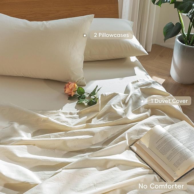 MooMee Bedding Duvet Cover Set 100% Washed Cotton Linen Like Textured Breathable Durable Soft Comfy (Heathered Almond Milk Grey, Super King Plus 120"x120")