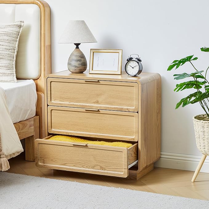 Modern Nightstand Set of 2 for Bedroom, 26'' Wide Wood 3 Drawers Bedside Table, Large Dresser w/Curved Profile Design, Side Table, End Table with Storage Drawers for Living Room, Entryway, Natural