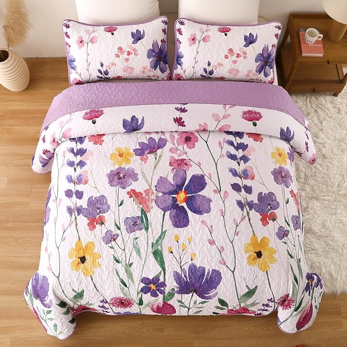 Anibedding Purple Quilt Set Full, Floral Pattern Microfiber Bedspreads Full Size 3 Pieces Lightweight Reversible Bedding Set with 2 Pillowcases(78"x90")