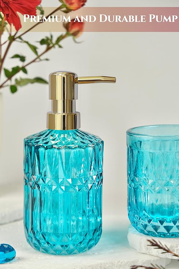 LaMarriti Teal Blue Bathroom Accessories Set, 5Pcs Clear Glass Bathroom Set, Hand Soap Dispenser Set, Soap Dish, Toothbrush Holder, Tumbler, Q-Tips Holder for Crystal Vantage Bathroom Decor
