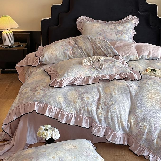 HighBuy Linen Duvet Cover Queen Vintage Purple Floral Ruffle Coquette Bedding Set French Yarn-Dyed Textured Soft Breathable Farmhouse Bedding with Zipper Closure & 4 Corner Ties - Linen,Queen