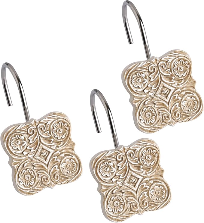 Creative Scents Victoria Shower Curtain Hooks - Set of 12 Beige Shower Curtain Rings for Bathroom Shower Rod - Decorative Bathroom Accessories Decor Shower Hooks for Shower Curtain