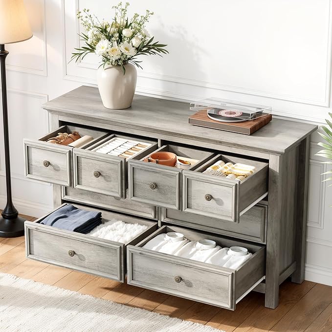 LGHM Dressers for Bedroom with 8 Drawers,54" Long Dresser Wood Legs, Modern Farmhouse Wood Chest of Drawers, Wide Dresser with Deep Drawers, Light Gray