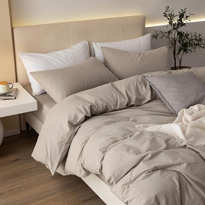 JIYUAN 100% Washed Cotton Duvet Cover Set 3 Pieces Queen, 1 Duvet Cover 90x90 Inches(Comforter Not Included) and 2 Pillowcases,Linen Feel Bedding Set Comfy and Breathable, Heathered Tannish Linen Grey