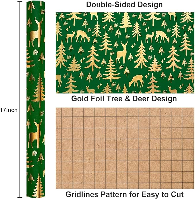 Yarcony Christmas Wrapping Paper Roll, Green Gift Wrapping Paper, Recycled Festive Gold Foil Reindeer, Winter Tree Theme Thick Kraft Christmas Gift Wrap for Winter Celebration (17 Inch X 33 Feet)