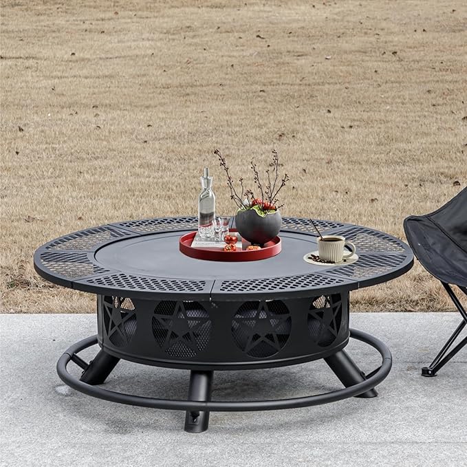 OutVue 36 Inch Fire Pit with 2 Grills, Wood Burning Fire Pits for Outside with Lid & Poker, BBQ& Outdoor Firepit & Round Metal Table 3 in 1 for Patio, Picnic, Party