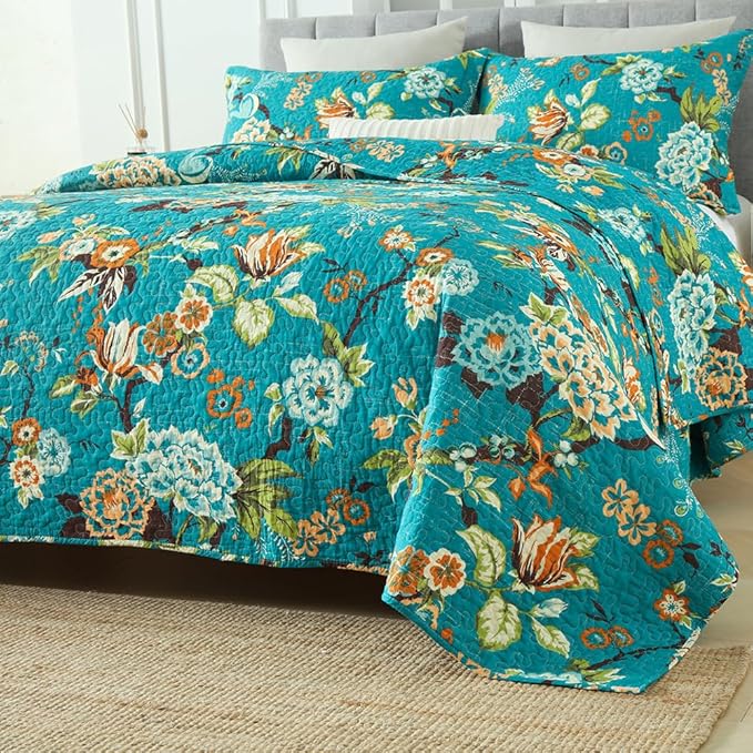 ENASAL Cotton Bedspread Quilt Sets Reversible Bedding Coverlet Sets Comforter, Vintage Floral Farmhouse Pastoral Turquoise Bedspread, Queen Size