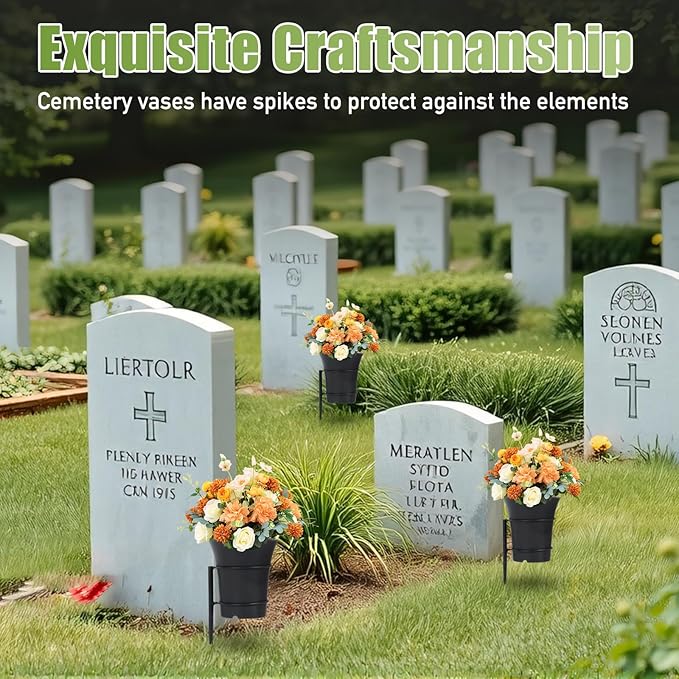 Large Metal Cemetery Vases Flower Holder with Spikes Memorial vases for Grave Vase Decorations for Cemetery Vase Flower Holder for Memorial Grave Lawn Yard Funeral Decor with Freely DIY, 5.4''Diameter