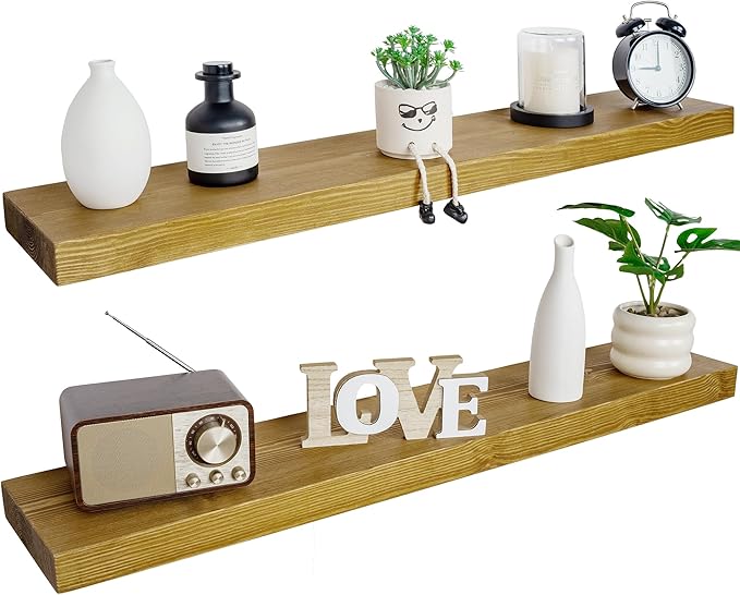 BGMG Wood Floating Shelves for Wall 60 inch Set of 2, Rustic Wooden Wall Mount Shelves for Living Room Bedroom Kitchen Farmhouse-60x6.7x1.75 inch- Gold Oak