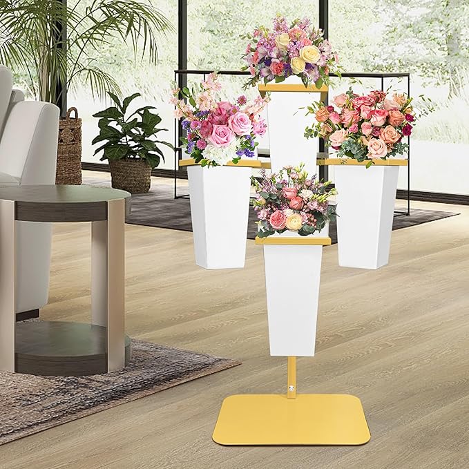 PROLEE Flower Display Stand with Buckets, Wedding Flower Cart Display Stand with Wheels,Flower Stand for Wedding Party, Events and Garden Decor (White)