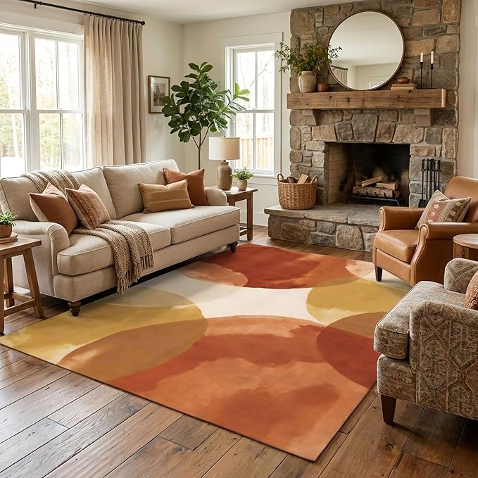 GraceSway 6x9 Area Rug, Modern Abstract Watercolor Rug in Rust Orange and Mustard Yellow, Faux Cashmere Ultra Soft Short Pile, Machine Washable, Non-Slip, for Living Room, Bedroom