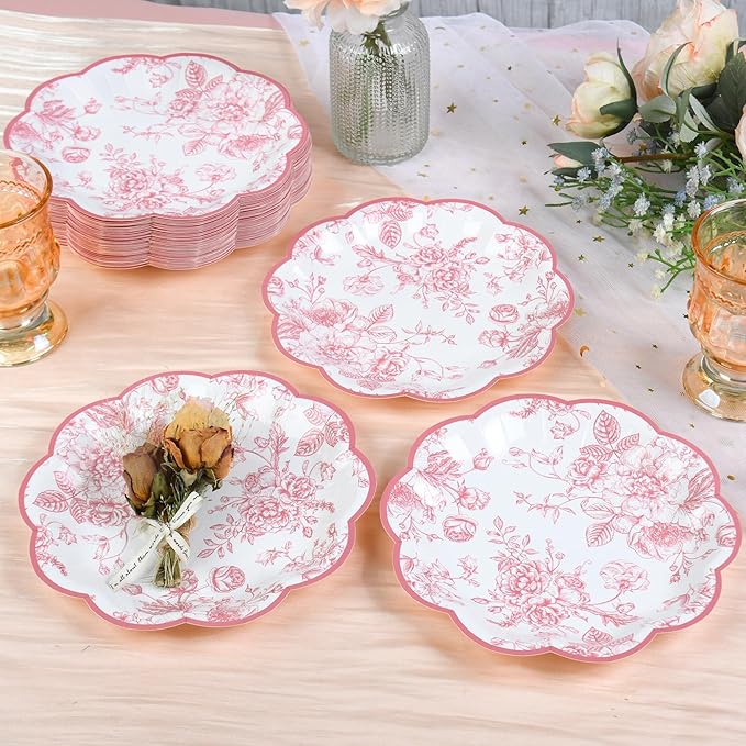 Pink Floral Party Plates Vintage Floral Leaf Disposable Paper Plates Wildflower Pink Toile 7" Scalloped Rim Dessert Plates for Valentines Birthday Bridal Tea Party Supplies (48)