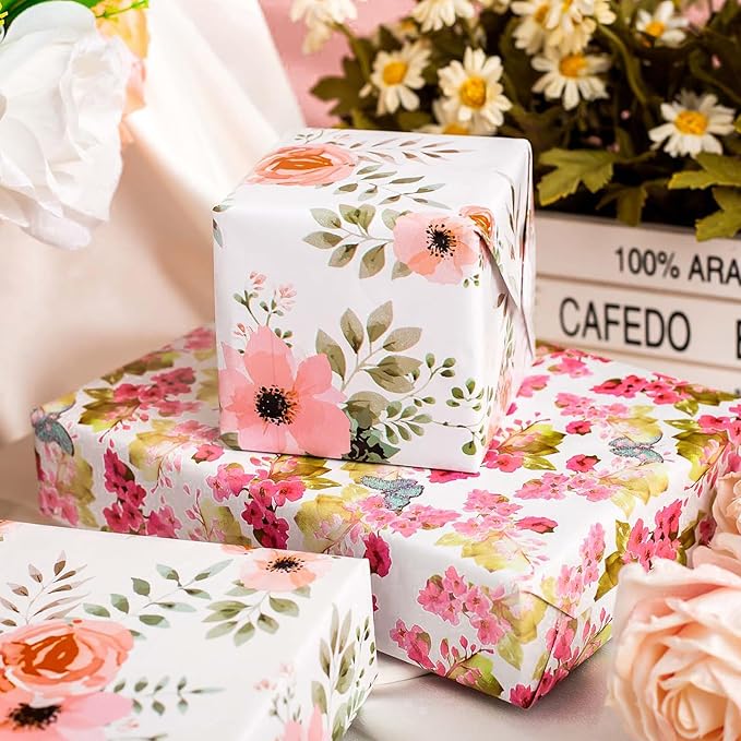MAYPLUSS Floral Wrapping Paper Roll - 17x120 Inch, 3 Rolls - Multi-purpose, Perfect for Gift Wrap, Wedding, Birthday, Mother's Day