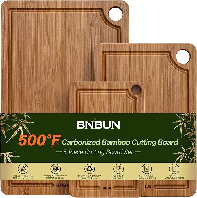Bamboo Cutting Board for Kitchen, Wooden Cutting Board 3-Piece Set with Non-Slip Mat Deep Juice Groove and Built-In Handles, Wood Cutting Board for Meat Vegetables Fruit Ideal Gift for the Home