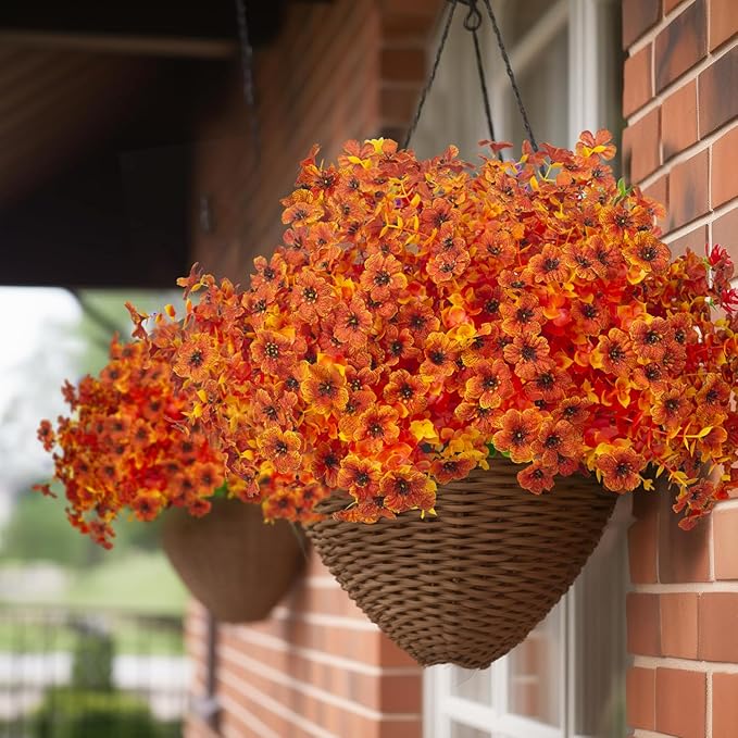 16 Bundles Artificial Fall Flowers for Outdoors Fake Plants UV Resistant Plastic Plants Shrubs Bushes for Home Fall Front Door Porch Garden Autumn Decor (Fall Orange)