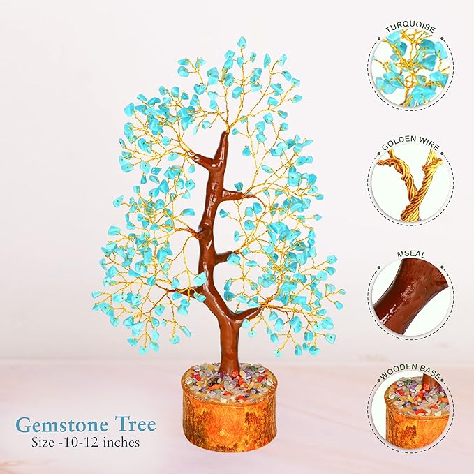 YATHABI Turquoise Crystal Sculpture - Feng Shui Money Tree - Good Luck, Positive Energy - Decorative Desk Accessory
