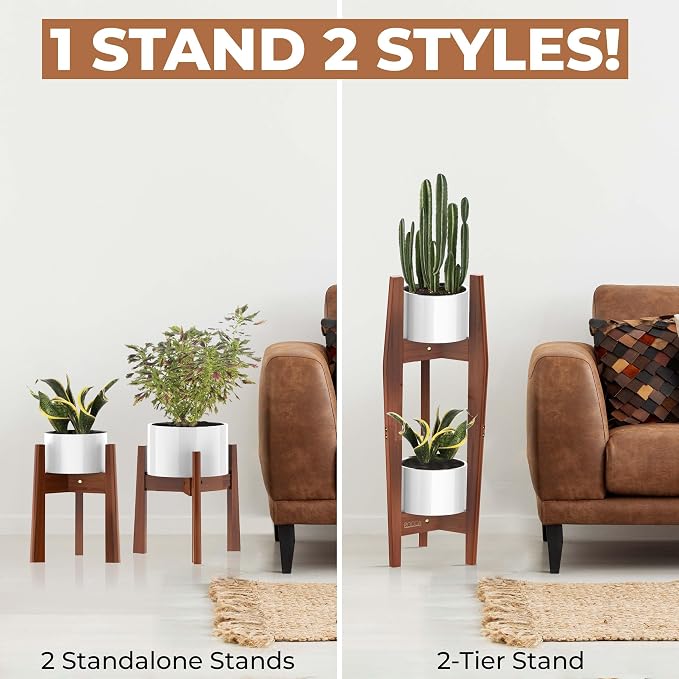 ROCCA 2-Tier Tall Plant Stand Indoor – Adjustable Bamboo Plant Stand (8–12”), Wooden Corner Pedestal for Multiple Pots, Modern Space-Saving Design