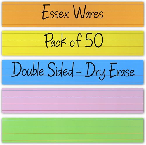 Essex Wares - 50 Pack Pastel Colored Dry Erase Sentence Strips | Reusable Double-Sided Cardstock (16 x 3")