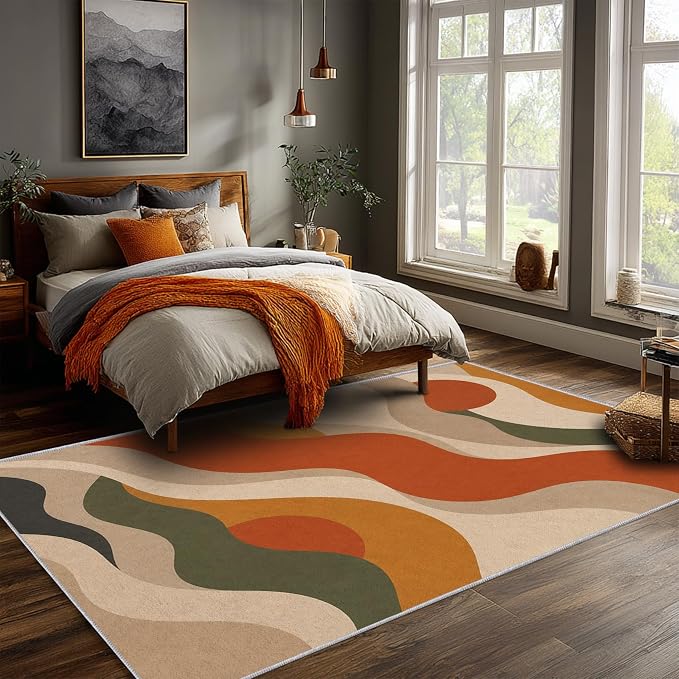Burnt Orange Abstract Area Rug 6x9, Mid Century Modern Wave Rug, Retro Wavy Geometric Washable Low Pile Non Slip Rug for Living Room Bedroom