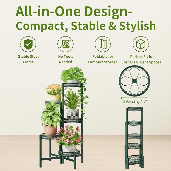 5-Tier Metal Plant Stand Indoor Outdoor, Corner Tall Plant Shelf for Multiple Plants, Foldable Plant Stand, Heavy Duty Flower Stand Holder for House Living Room Balcony Garden Patio -GreenFlower