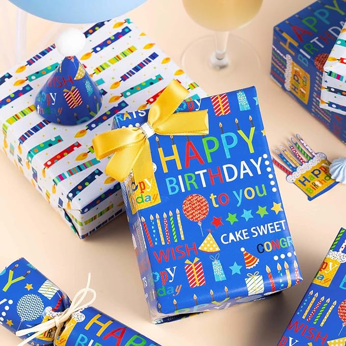Homeral Blue Birthday Wrapping Paper Roll - Happy Birthday Lettering & Colorful Candles, Reversible Design for Boy Baby Shower, Party - Mini Roll - 17 Inch x 33 Feet