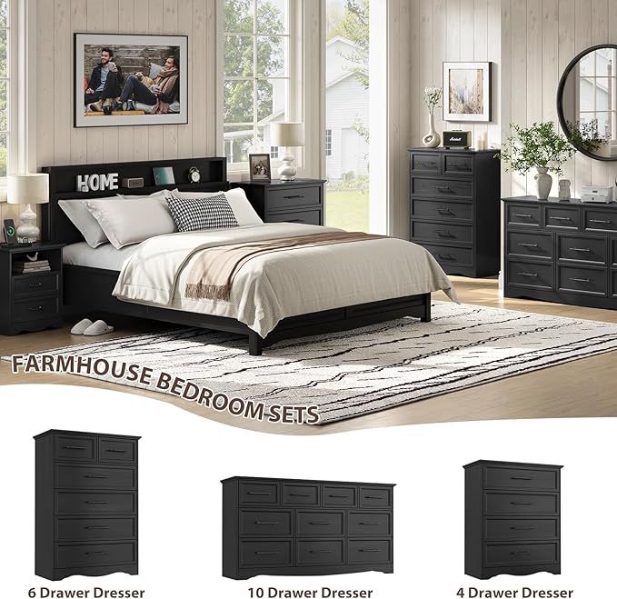 Black Dresser for Bedroom, 10 Drawer Dresser, 59" Wide Chest of Drawers w/Brushed Metal Handle, Wood Dressers TV Stand, Closet Organizers and Storage Cabinet for Bedroom, Living Room, Hallway