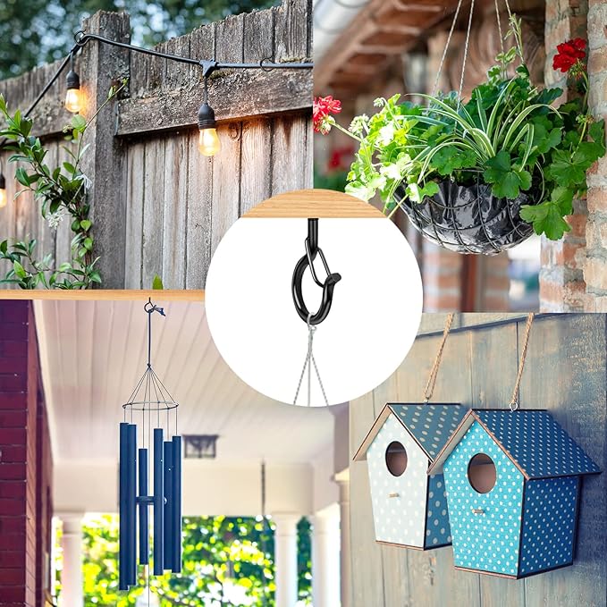 Q Hangers 100 Pack Screw-in Hooks for Outdoor String Lights, Swivel Hanging Basket Patio Hooks with Safe Buckle Screw in Eye Planter Hooks for Wall Ceiling