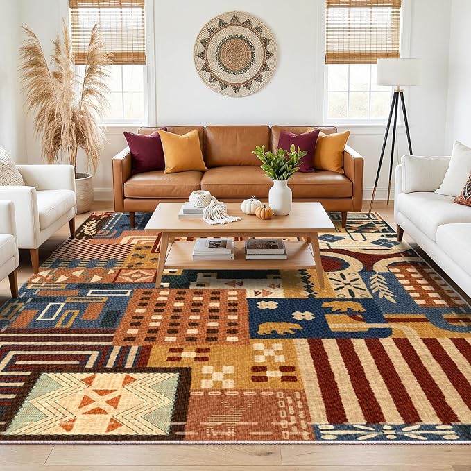 8x10 Southwestern Patchwork Large Area Rug, Geometric Tribal Colorful Rugs for Living Room, Non-Slip Stain Resistant Washable Indoor Carpet for Bedroom, Entryway, Dining Room, Home Office Decor