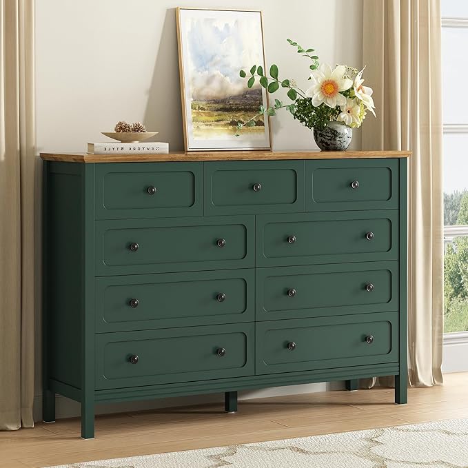 CARPETNAL Green Dresser for Bedroom, 55" Wide 9 Drawer Dresser with Metal Handles and Deep Drawers, Modern Large Wood Chest of Drawers for Living Room, Hallway.