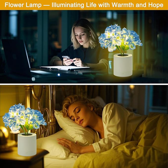 WSYEAR Blue Artificial Hydrangea LED Flower Lamp -Christmas Birthday Gifts for Women, Artificial Hydrangea Flower Table Lamp Decor for Bedroom Bar Coffee Shop Wedding