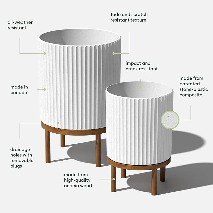 Veradek Demi Series Round Planter w/Stand for Porch/Patio | Durable Plastic-Stone Composite & Wooden Stand | Modern Décor for Tall Plants, Flowers