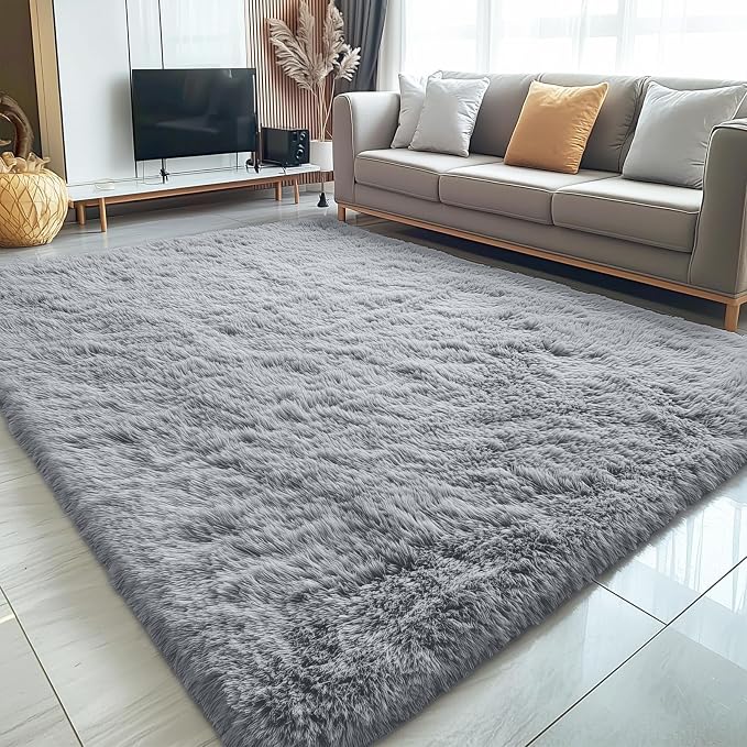 OLANLY 5x7 Machine Washable Large Area Rugs for Living Room, Bedroom, Soft Fluffy Shaggy Bedside Rug, Indoor Floor Carpet for Kids Girls and Boys, Dorms, Nursery, Home Decor, Silver Grey