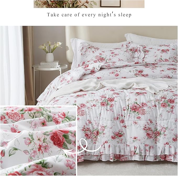 Ruffle Comforter Set Full Pink Red Floral Comforter Princess Lace Floral Bedding Set Soft Microfiber Botanical Bedding Comforter Set 1 Flower Ruffled Comforter with 2 Pillowcases for Teen Girls