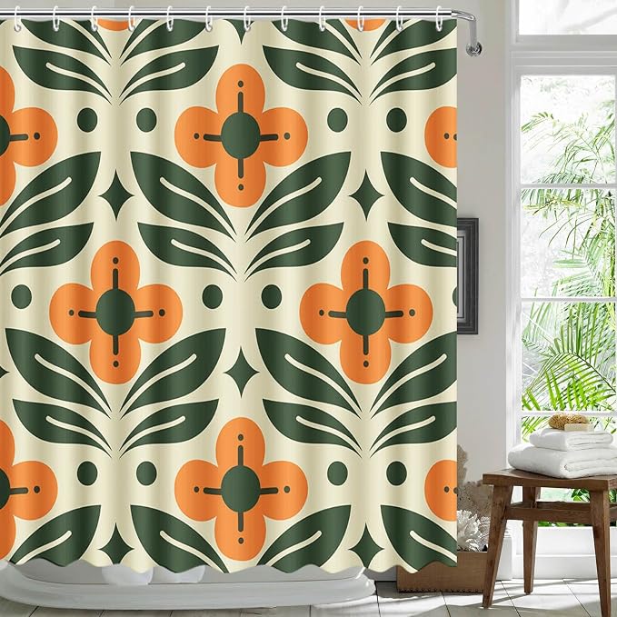 MEHOFOND Orange Floral Shower Curtain Vintage Mid Century Modern Abstract Geometric Green Plant Bathroom Curtain Boho Retro Classic 1950S 60S Bathtub Decor Fabric Waterproof Bath Curtain 72x72 Inch