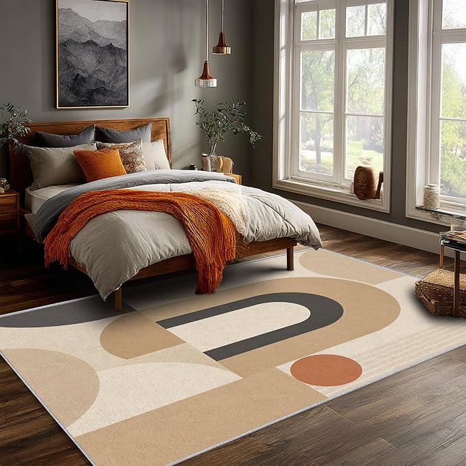 Mid Century Area Rug 2x3, Home Decor | Neutral Cream Black Geo Arc, Abstract Geometric Rug for Living Room, Bedroom, Home Office, Non Slip, Washable, Low Pile