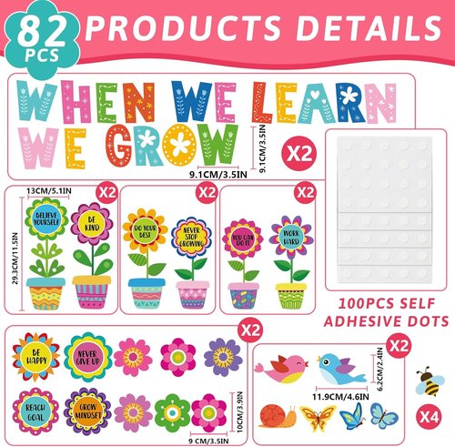 Skiennix 82-Pcs Summer Flower Growth Mindset Bulletin Board Set - Colorful Floral Cutouts for Classrooms