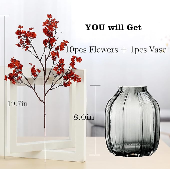 JAKY-Global Babys Breath Silk Artificial Flowers Bulk with Vase 10pcs for Fall Decor Fake Flower Bouquet Bulk for Home Kitchen Indoor Bouquet Floral Arrangement Table Centerpieces Decor(Burnt Orange)