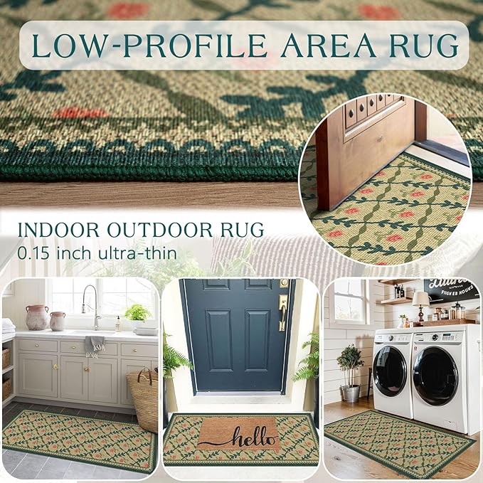 Front Door Mat Indoor Entrance - 2x4.3 Ft Washable Layered Doormat Outdoor Entrance Porch Rug Non-Slip Jute-Look Khaki Farmhouse Trellis Runner Rug for Kitchen Bedroom Laundry Room Porch Decor