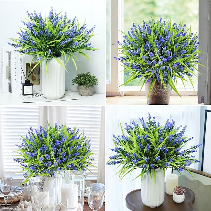 Ouddy Decor 24 Bundles Artificial Flowers for Outdoors, Fake Lavender Flowers Monkey Grass Faux Plastic Plants Shrubs UV Resistant for Porch Garden Window Box Office Home Decorations, Purple