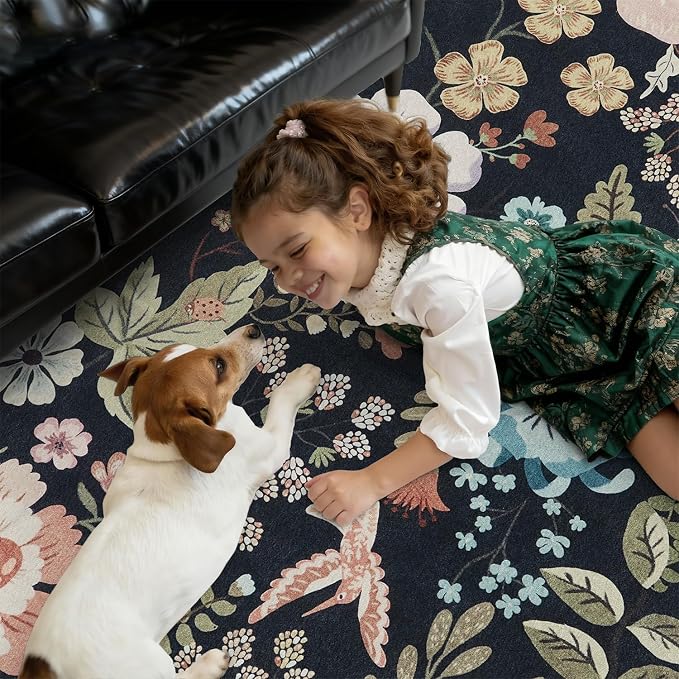DCX Black Floral Rug 9x12, Washable Black Rug for Living Room, Kid & Pet Friendly with Rubber Back Non Slip, Soft Low Pile Carpet, Stain Resistant Rug for Bedroom, Nursery, Dining Room