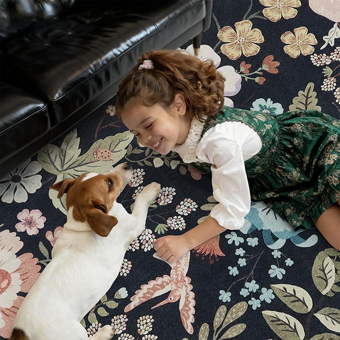 DCX Black Floral Rug 3x5, Washable Black Rug for Living Room, Kid & Pet Friendly with Rubber Back Non Slip, Soft Low Pile Carpet, Stain Resistant Rug for Bedroom, Nursery, Dining Room
