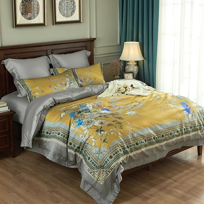 mixinni Queen Size Duvet Cover Set - 3PC Garden Style Long Staple Cotton Golden Floral Bedding, Chinoiserie Chic Botanical Print, Reversible Design, Zipper Closure, Soft & Breathable for Him & Her