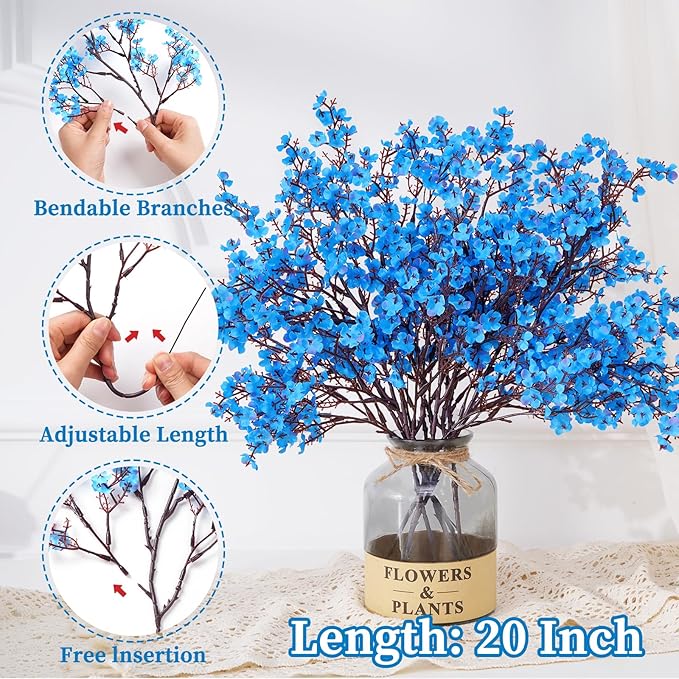 Yastouay Blue Fake Flowers Artificial Flowers, 10 Pcs Real Touch Silk Flowers Faux Artificial Flowers for Decorations, Babys Breath Flowers Bulk for Spring Decor Floral Arrangement