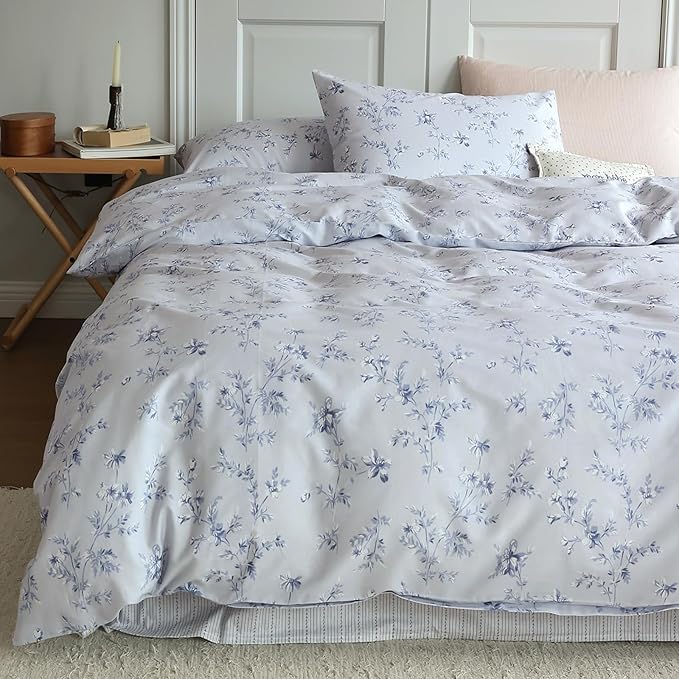 HighBuy Vintage Floral King Duvet Cover Blue Floral Duvet Cover 100% Cotton Garden Boho Flower Comforter Cover King Luxury Girls Bedding Set King Chic Flower Cottagecore Bedding Set for Men Women