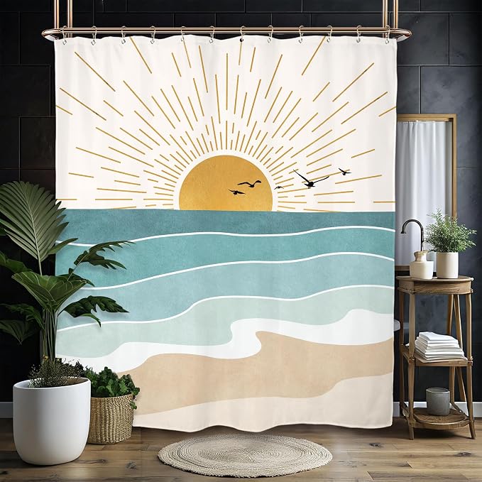 Miyotaa Abstract Sun Minimalist Shower Curtain Set 60Wx71H Inches Beach Sunrise Aesthetic Coastal Teal Turqoise Aqua Polyester Waterproof Cloth Bathroom Curtain with 12 Hooks