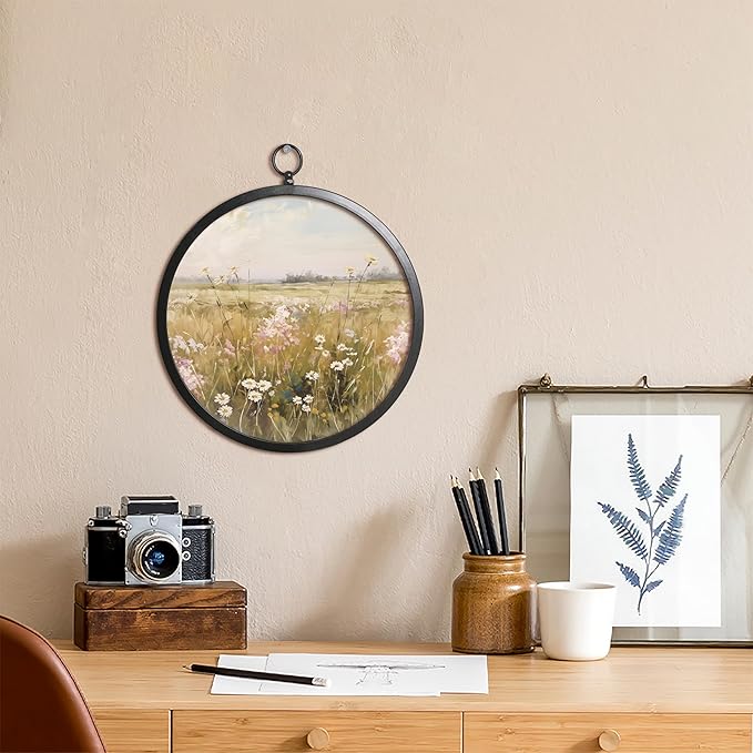 XIAOAIKA Vintage Wall Art with Metal Frame, Round Wood Print Featuring Wildflower Meadow Landscape, Boho Wall Decor for Living Room, Bedroom, Kitchen, Hallway, 10 Inch